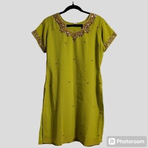 Women's Kurta Set Dupatta Sz 8 Green Yellow Indian Partywear Bollywood Beaded